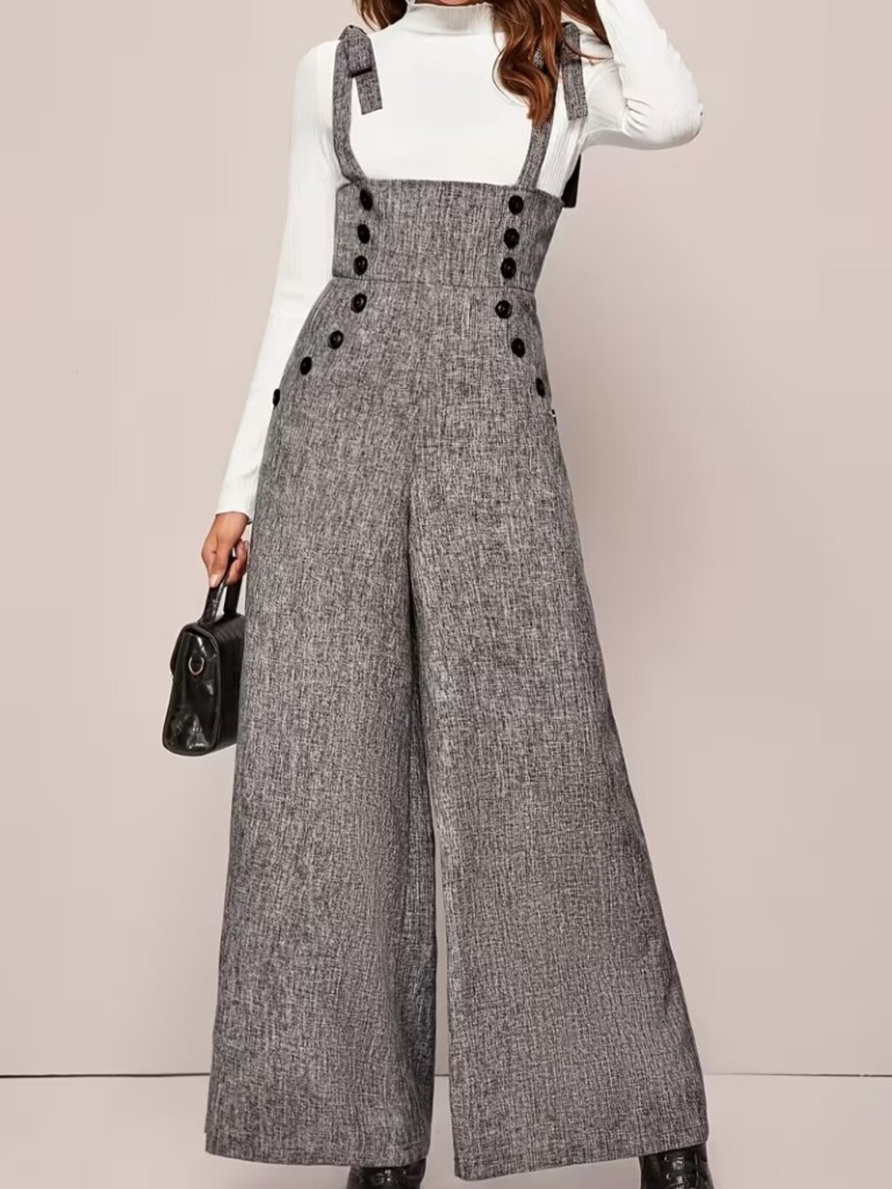 Buttoned Wide-Leg Jumpsuit With Tied Shoulder Straps